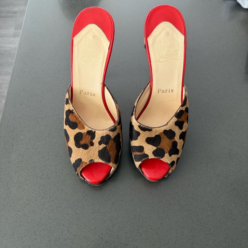 Christian Louboutin Red and Leopard Print Mule Heels